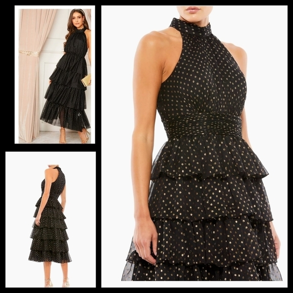Mac Duggal High-Neck Tiered Dotted‎ Midi-Dress - Picture 1 of 2